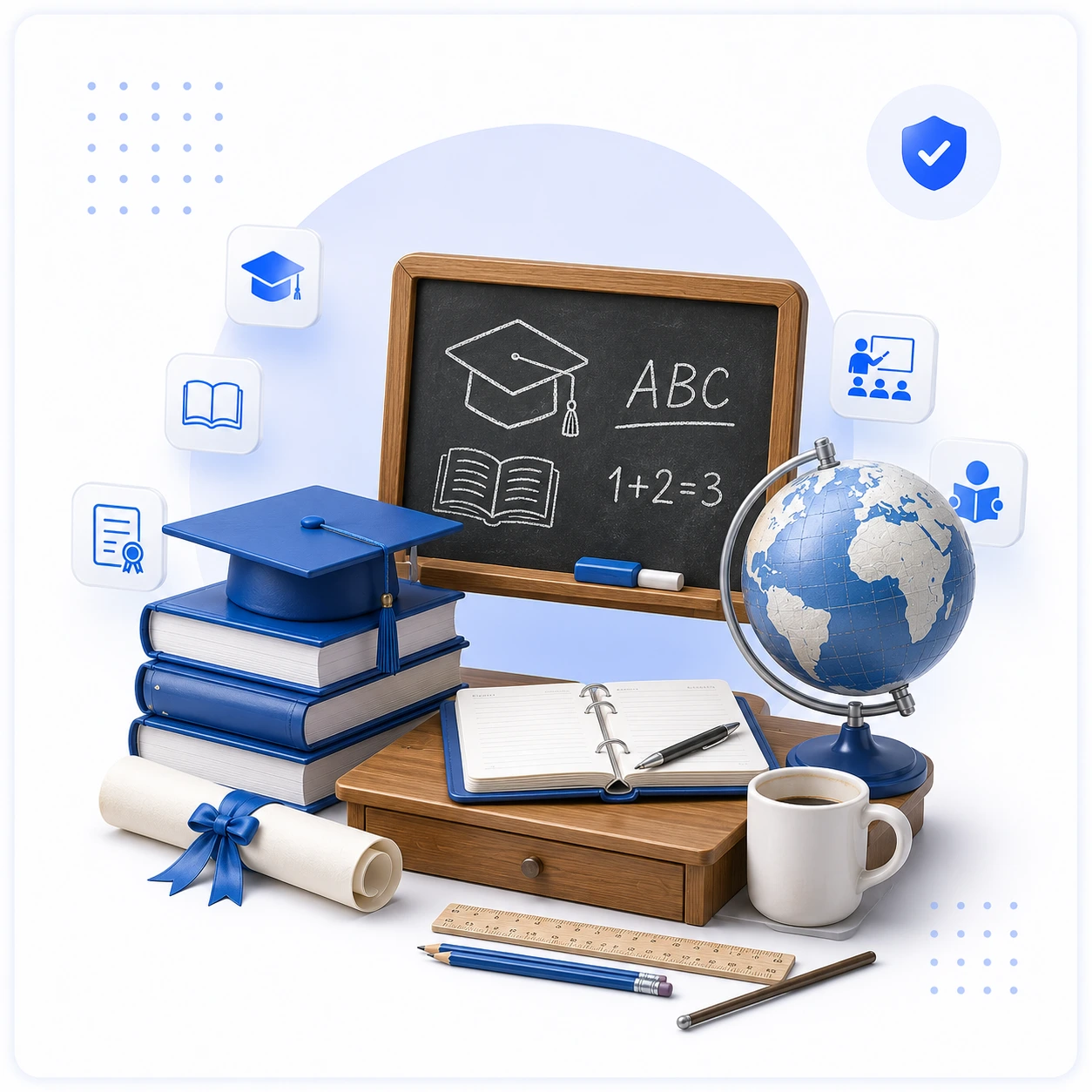 B.Ed admission with teaching books, graduation cap, diploma and classroom learning resources.