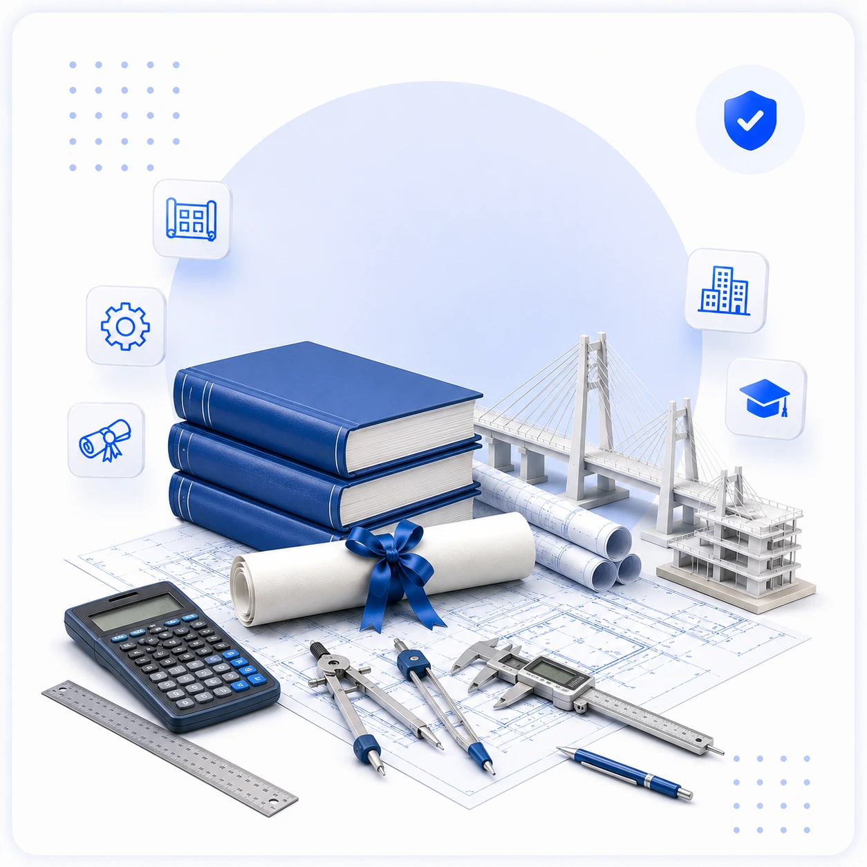 Polytechnic diploma admission with engineering books, blueprint, drafting tools and diploma certificate.